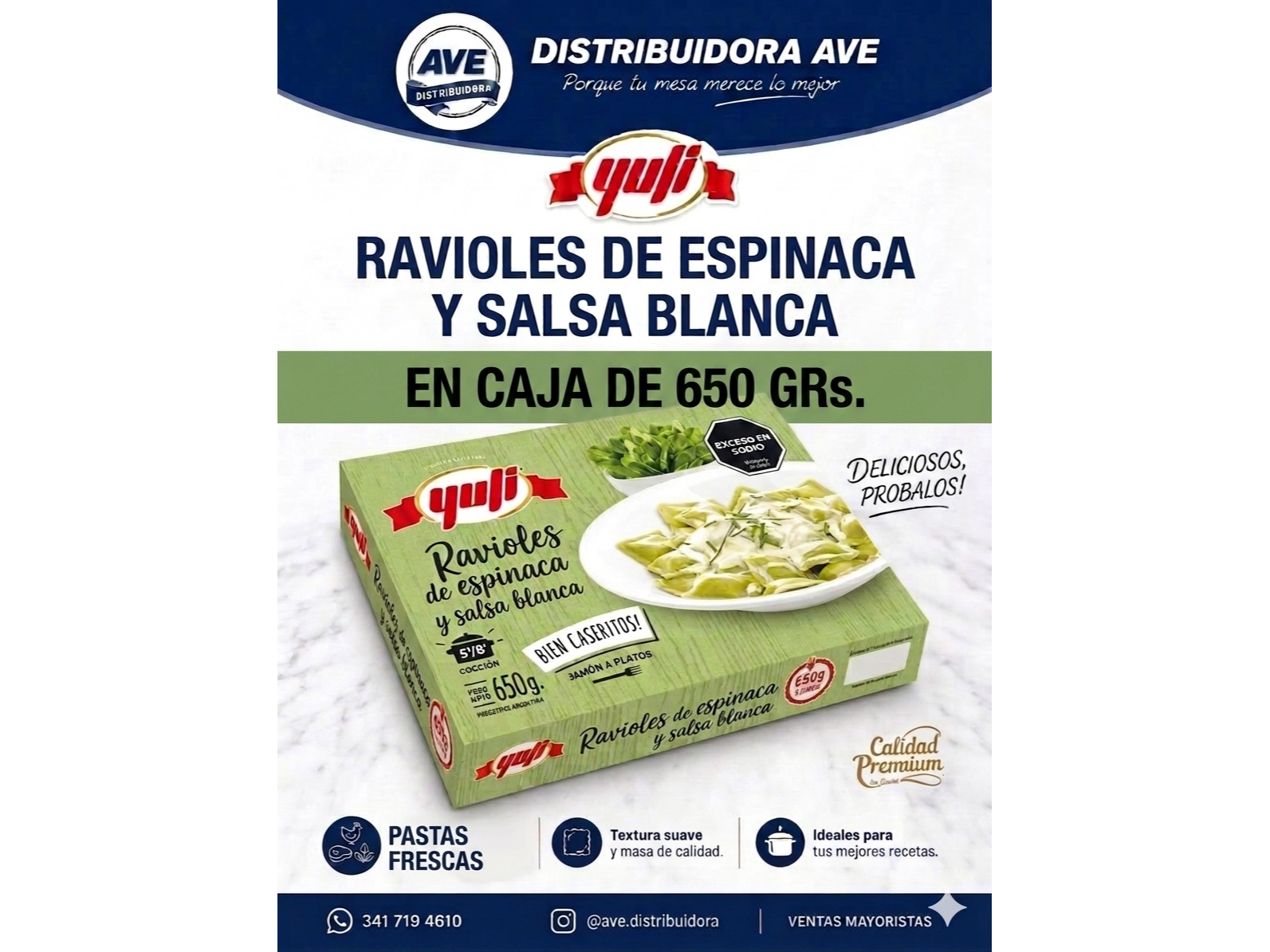 RAVIOLES DE ESPINACA Y SALSA BLANCA (En Caja de 650 Grs).