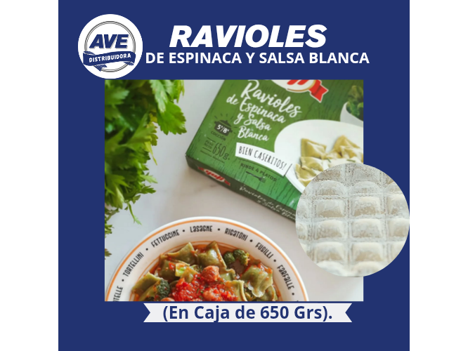 RAVIOLES DE ESPINACA Y SALSA BLANCA (En Caja de 650 Grs).