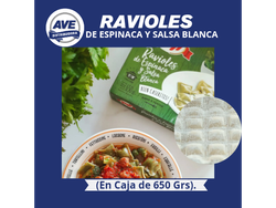 RAVIOLES DE ESPINACA Y SALSA BLANCA (En Caja de 650 Grs).