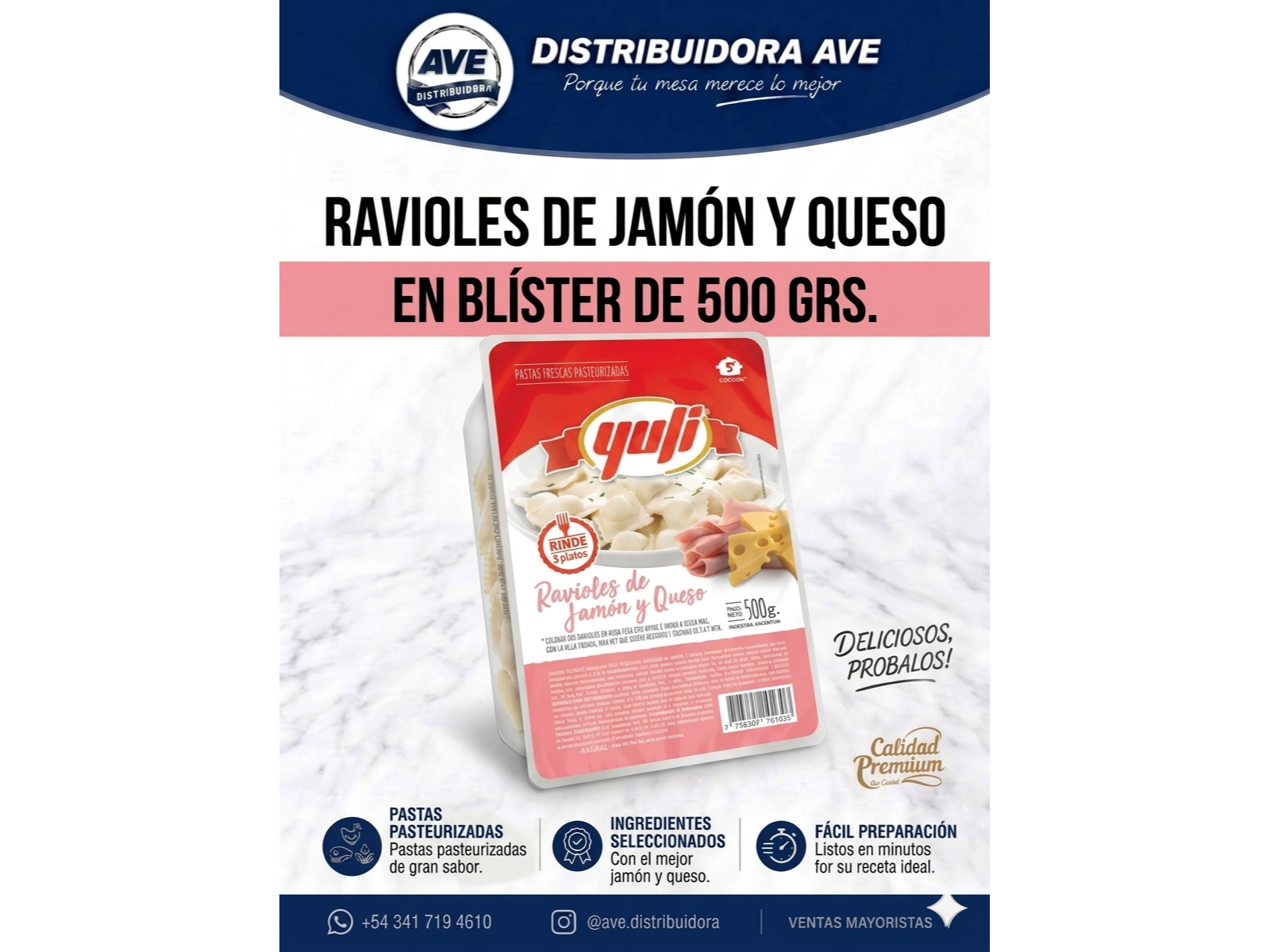 RAVIOLES DE JAMON Y QUESO (x Blister de 500 Grs).