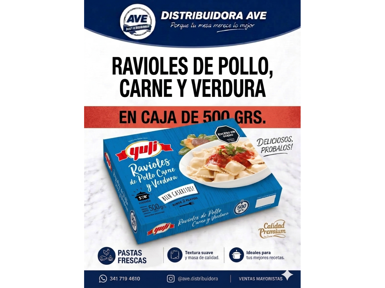 RAVIOLES DE POLLO, CARNE Y VERDURA ( En Caja de 500 Grs).