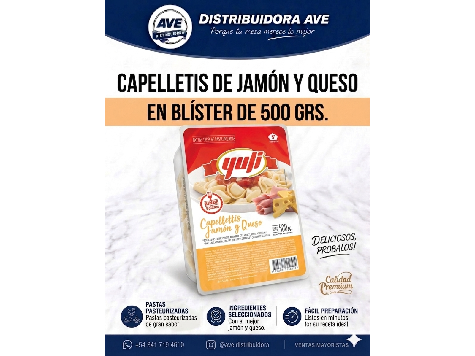 CAPELLETIS JAMON Y QUESO ( En Blister de 500 Grs).