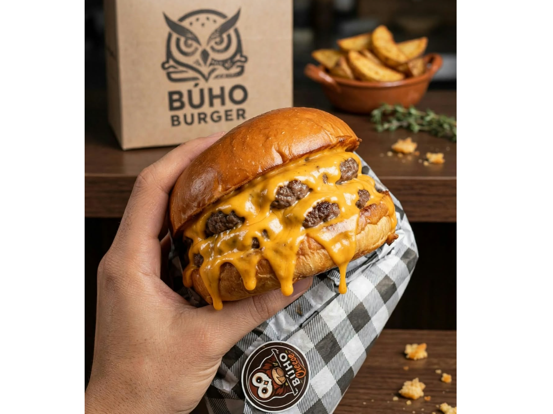 Buho burguer Doble Cheese + Papas + Dip salsa a eleccion