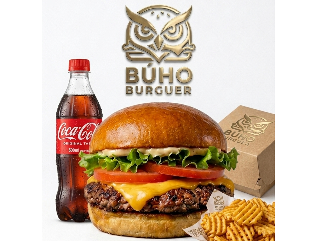 Buho Burguer Classic simple + papas + coca cola 500 ml
