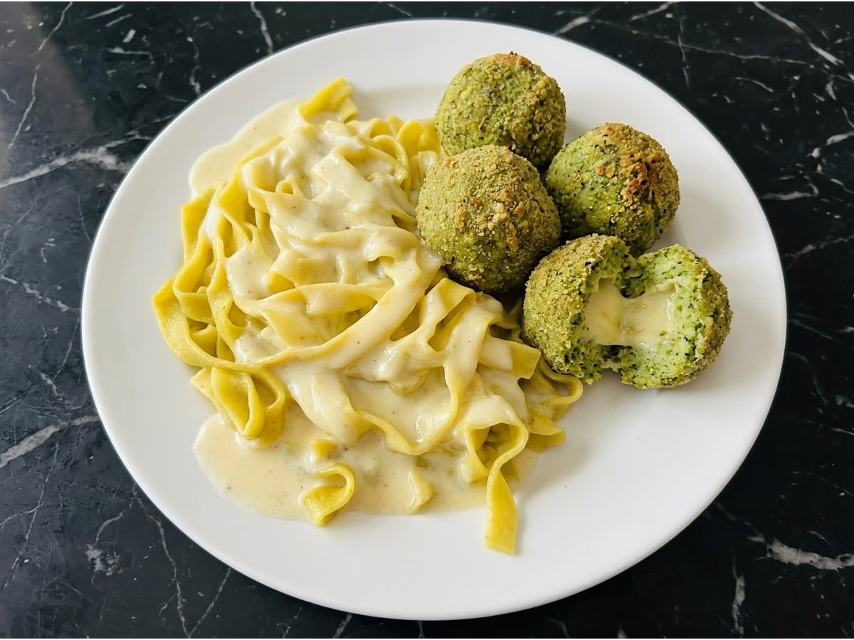 Menu Vegetariano. albondigas de brócoli rellenas de queso acompañados de fideos al huevo con crema