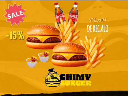 2 CHEESE BURGERS (SIMPLE) +PAPAS + GASEOSAS + POSTRE (FLAN)