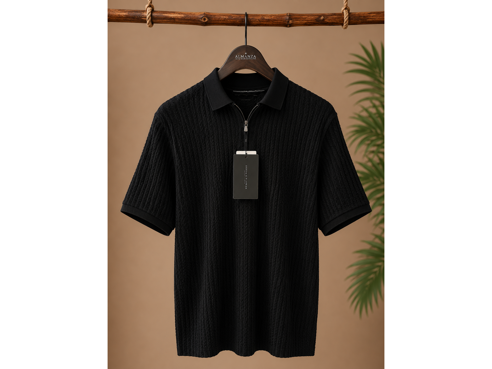 Polo Denim & Flower Negra Texturizada Premium con Cierre / Talla L