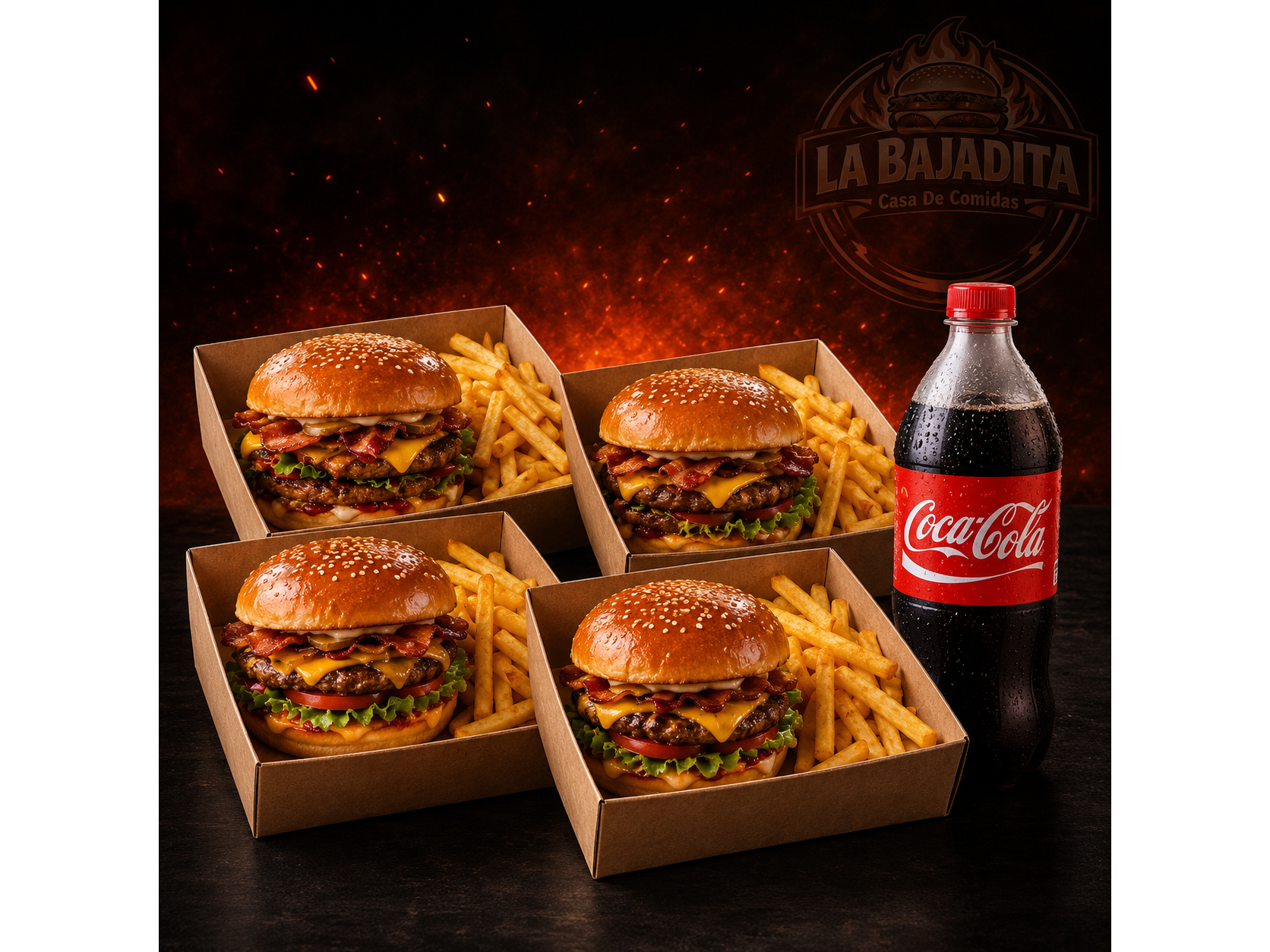 4 Burguers familiares  + Papas y Gaseosa