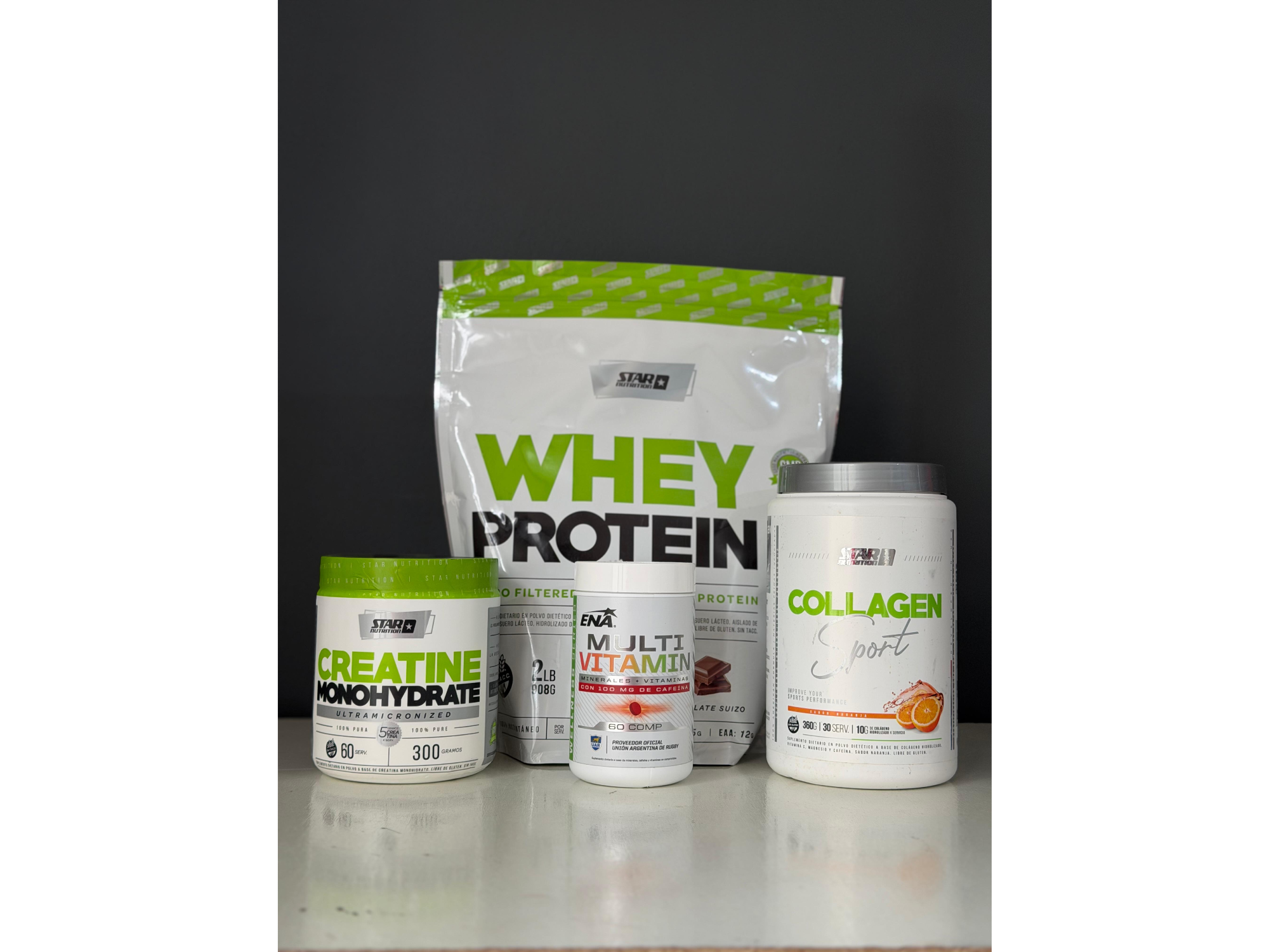 1 Proteína Platinum Whey Protein 910gr + 1 Creatina  300gr + 1 Multivitaminico ENA 60 caps + 1 Collagen Sport 360gr