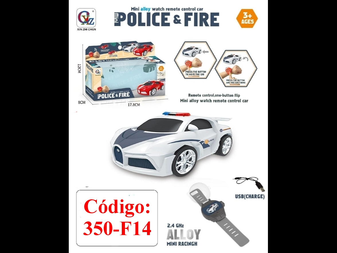 WATCH CARS POLICÍA BLANCO (METAL)  autitos a control remoto en la pulsera RECARGABLE POR USB   (Código: 350-F14)