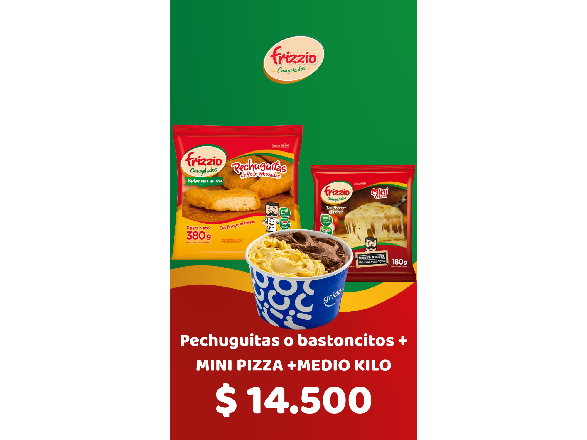 PECHUGUITA O BASTONCITO +MINI PIZZA + MEDIO