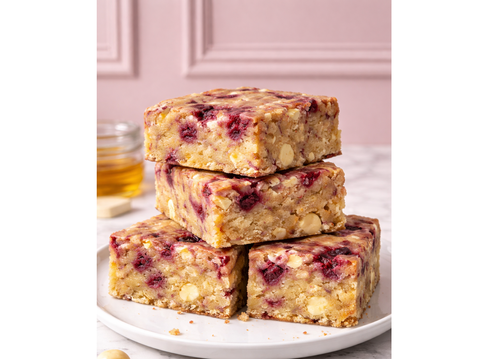 Blondies con choco blanco y frambuesas