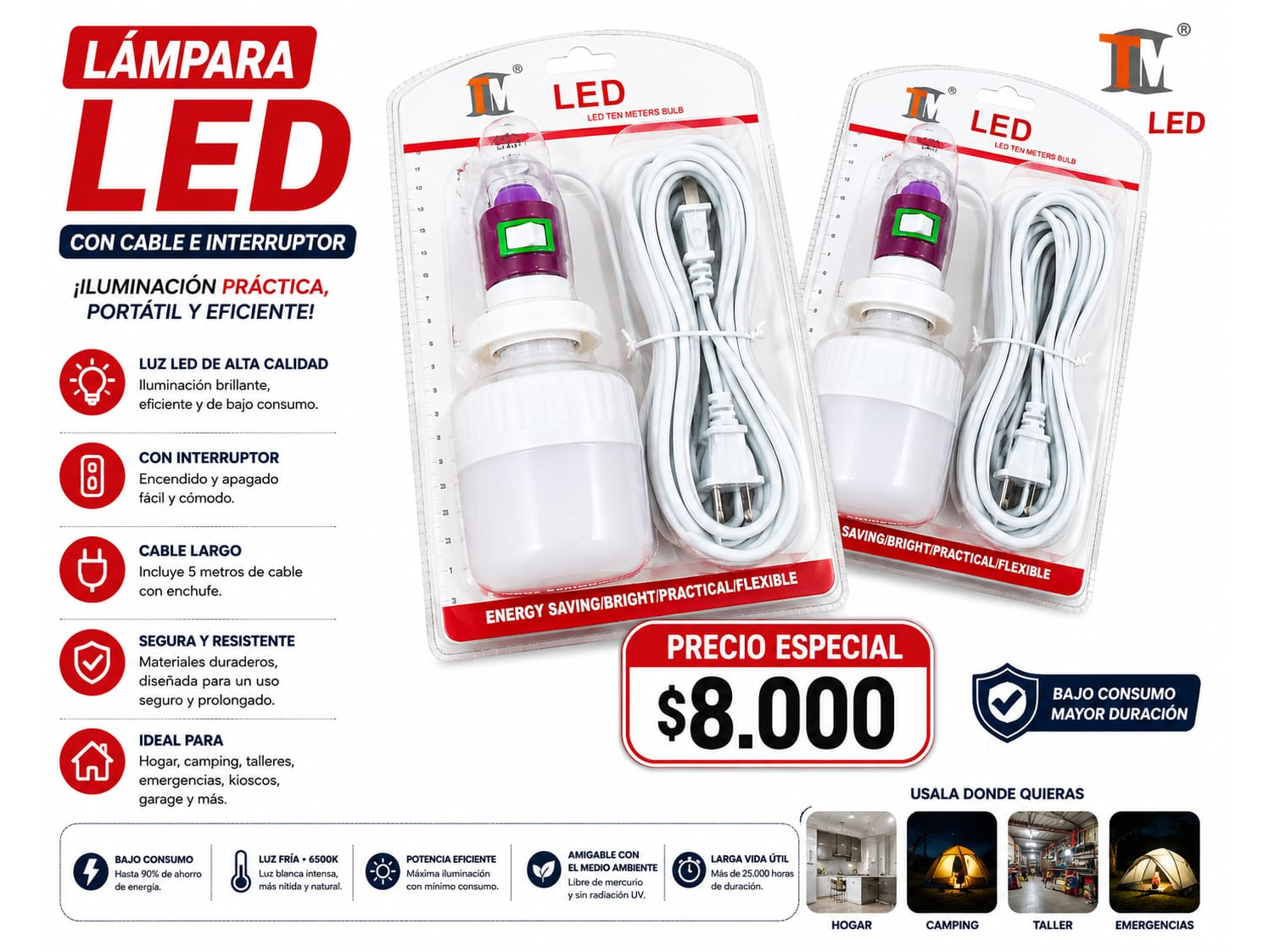 LÁMPARA LED CON CABLE E INTERRUPTOR