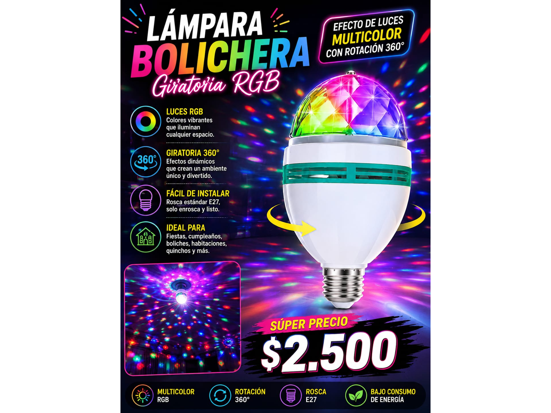 LÁMPARA BOLICHERA GIRATORIA RGB