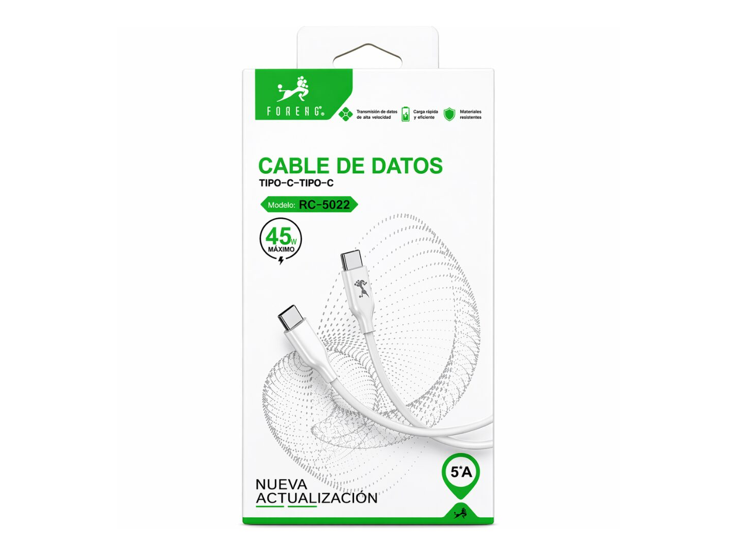 CABLE DE DATOS TIPO C A TIPO C 45W 5A RC-5022