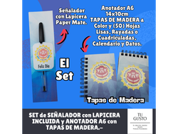 SET Anotador A6 Tapas de MADERA+ Señalador con Lapicera