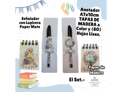 SET Anotador A7  Tapas de Madera + Señalador con Lapicera