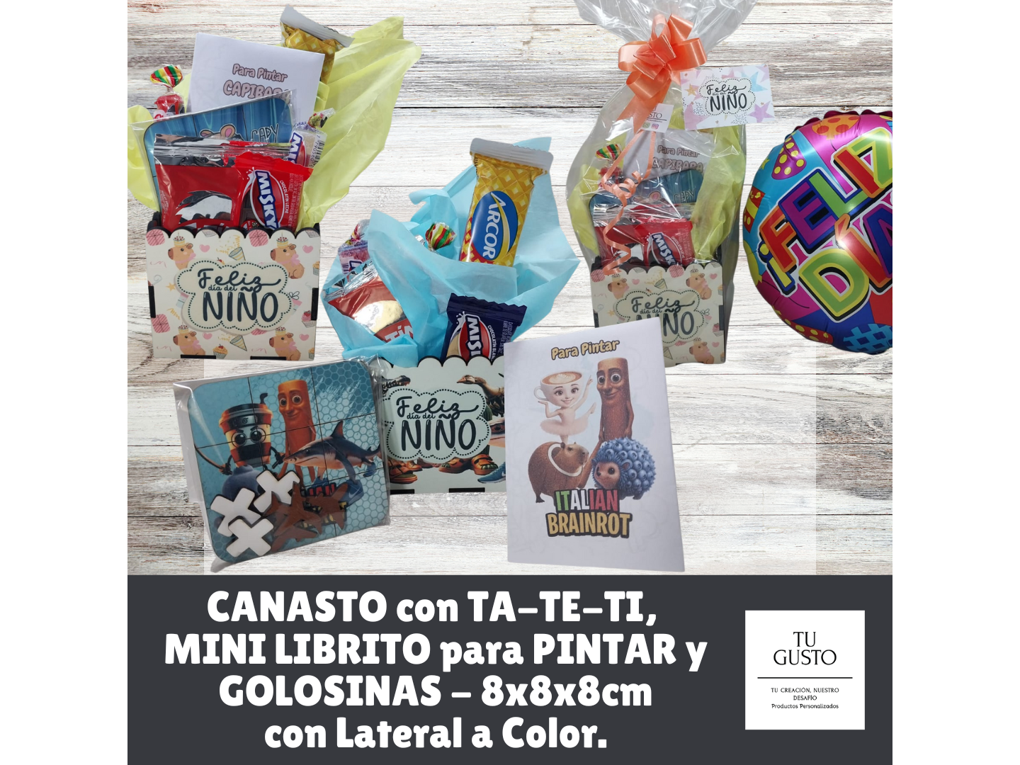 CANASTO con TA-TE-TI, MINI LIBRITO y GOLOSINAS