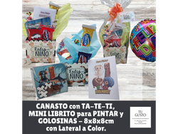 CANASTO con TA-TE-TI, MINI LIBRITO y GOLOSINAS