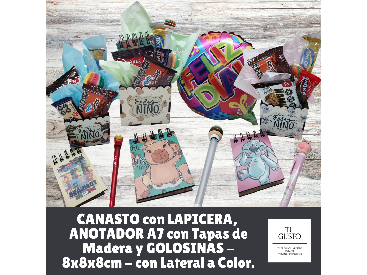 CANASTO con LAPICERA, ANOTADOR A7 y GOLOSINAS