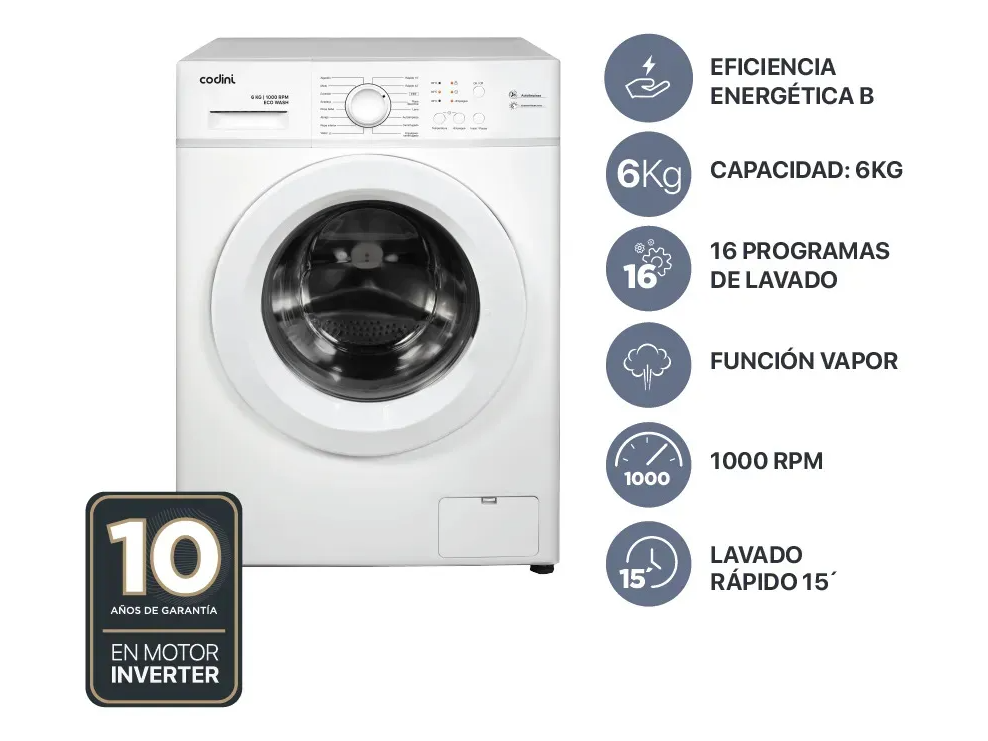 Lavarropas Automático Codini Inverter Steam 6kgs 1000 Rpm BLANCO
