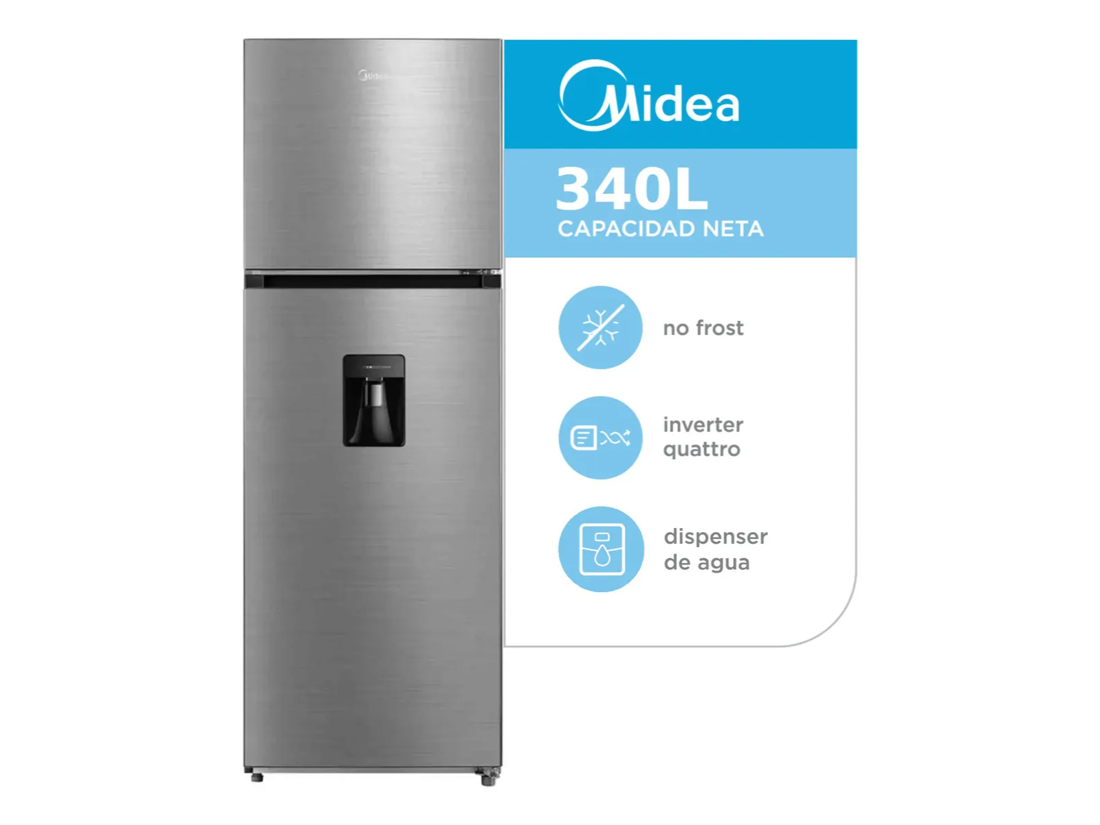 Heladera Inverter Midea Inox Top Mount 340l
