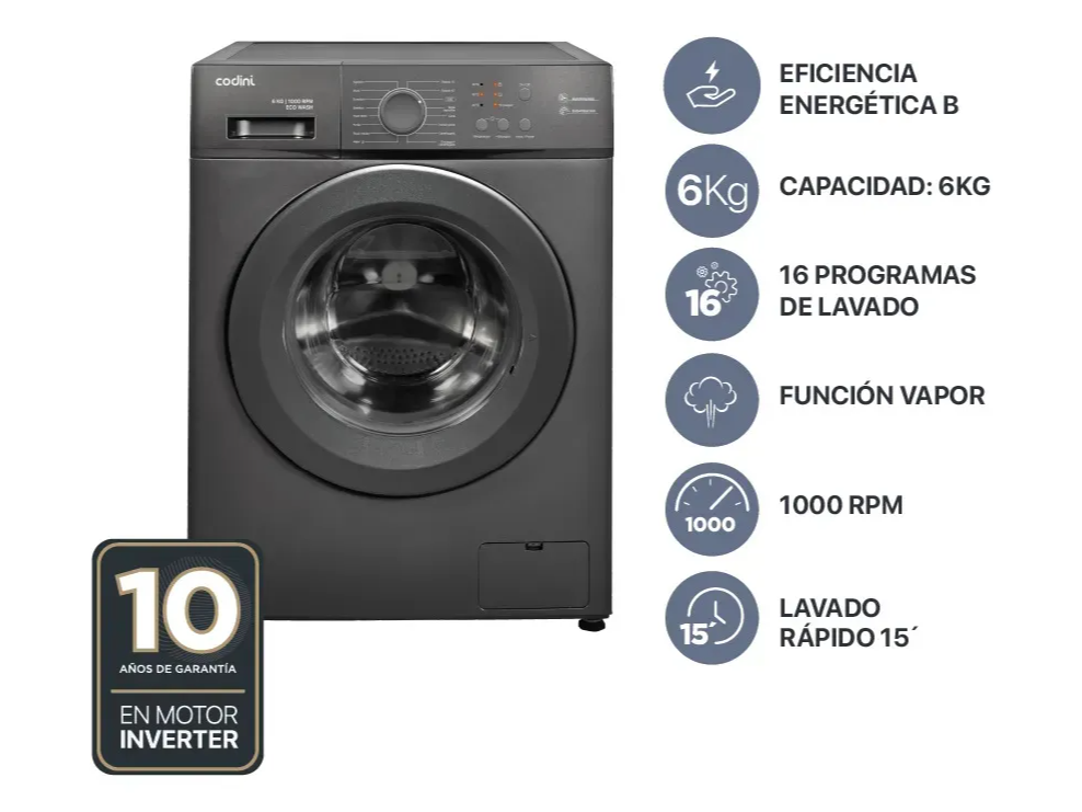 Lavarropas Automático Codini Inverter Steam 6kgs 1000 Rpm Gris