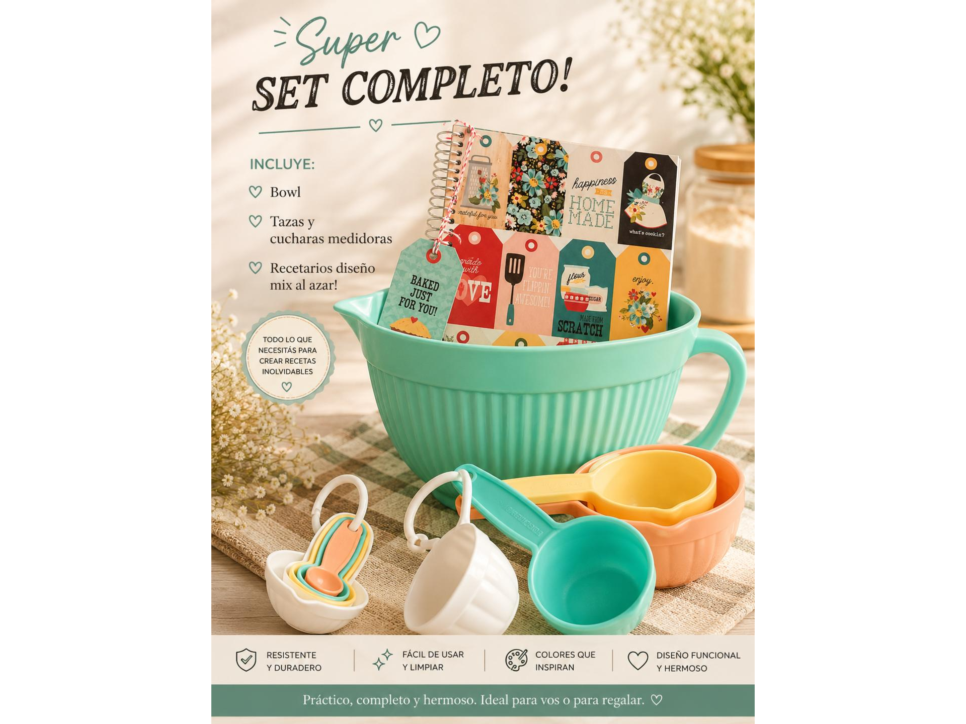 SUPER COMBO PARA REGALAR!!! BOWL aqua-SET MEDIDORAS colores mix al azar- RECETARIO DE COCINA