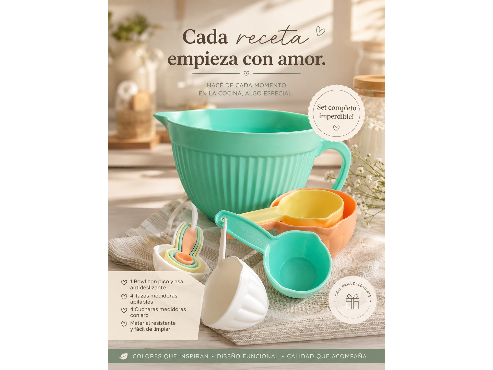 SET COMPLETO!! INCLUYE BOWL MATILDE aqua + TAZAS Y CUCHARAS MEDIDORAS colores mix al azar!