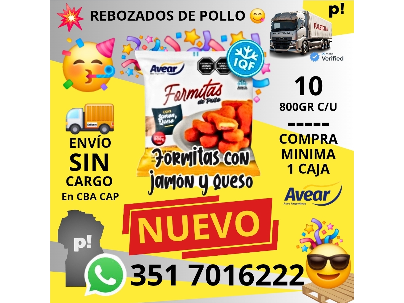 PATITAS DE POLLO (FORMITAS) AVEAR C/ JAMON Y QUESO 8 KG (10 UNID X 800 GRS)