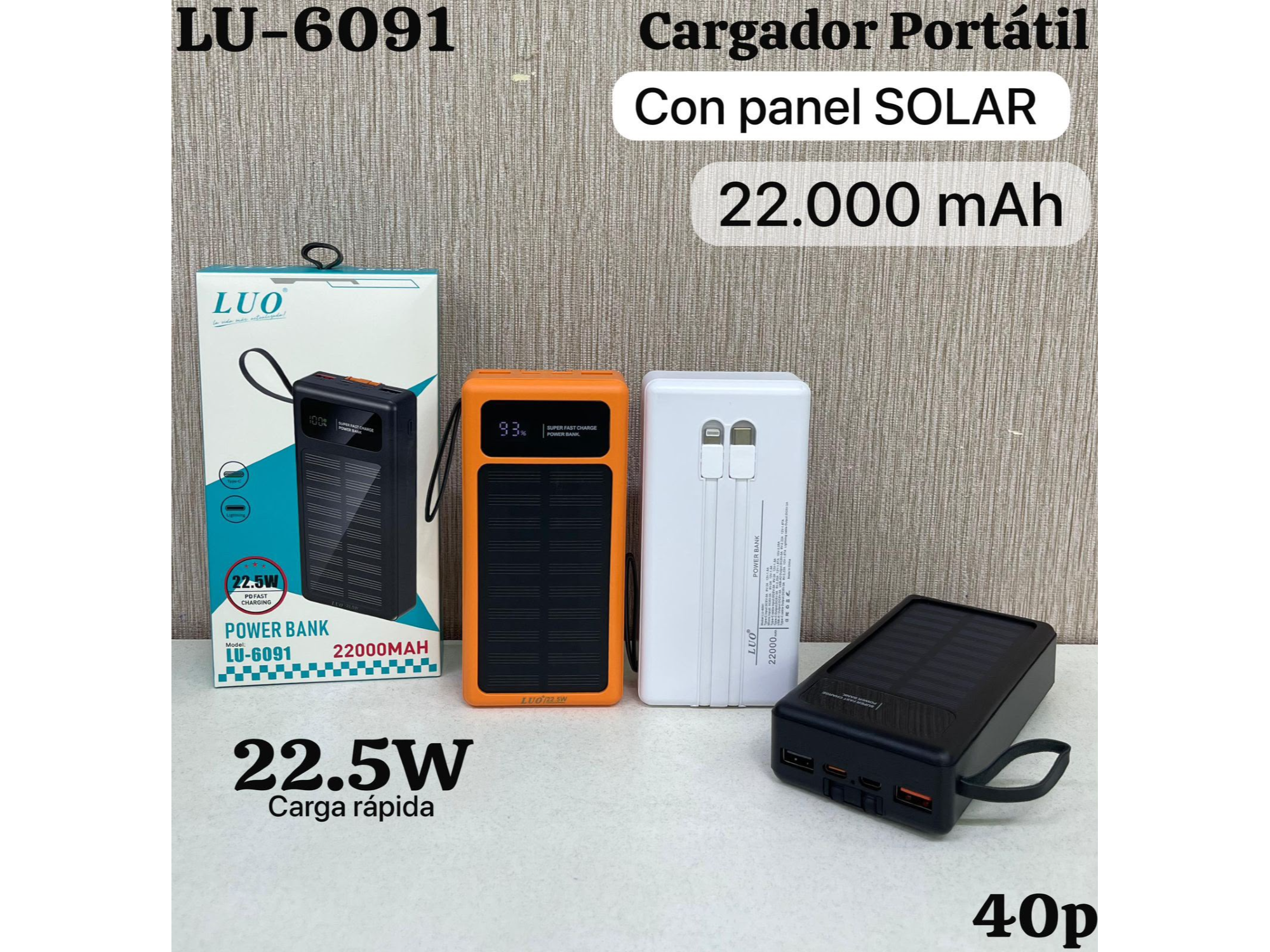 CARGADOR PORTATIL 22.000 MHA C/ CARGA SOLAR
