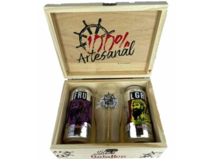 ESTUCHE DE MADERA CERVEZA BARBA ROJA 2 LATAS + VASO PINTA