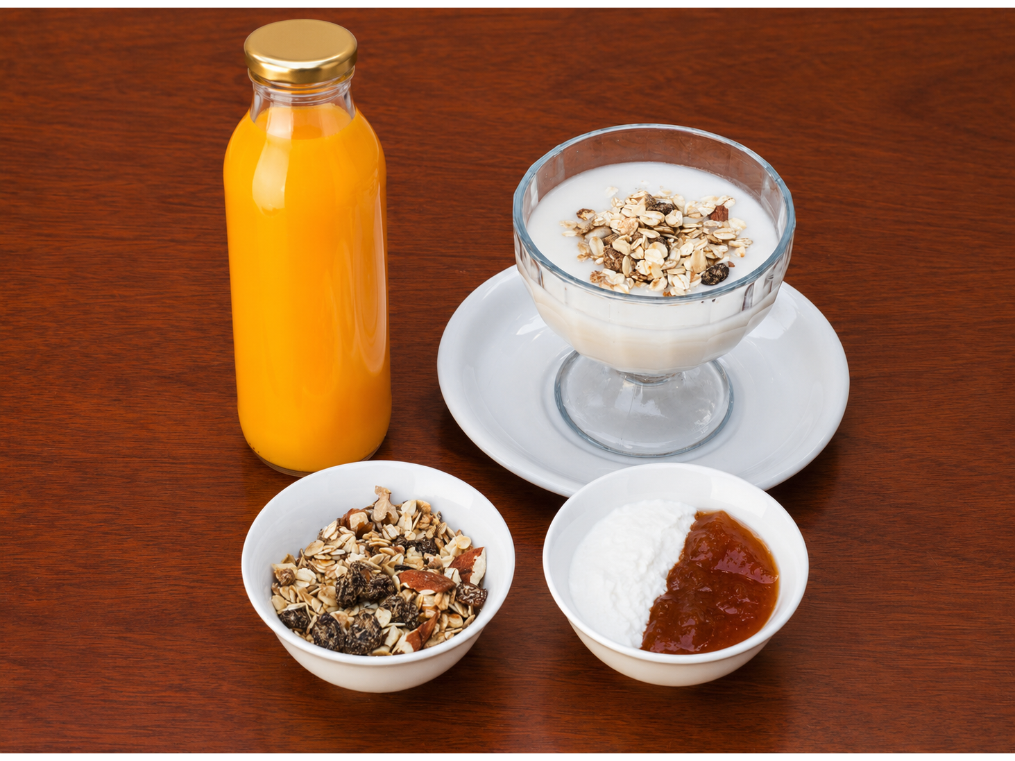 JUGO NATURAL, YOGURT Y GRANOLA. LISTO PARA COMER