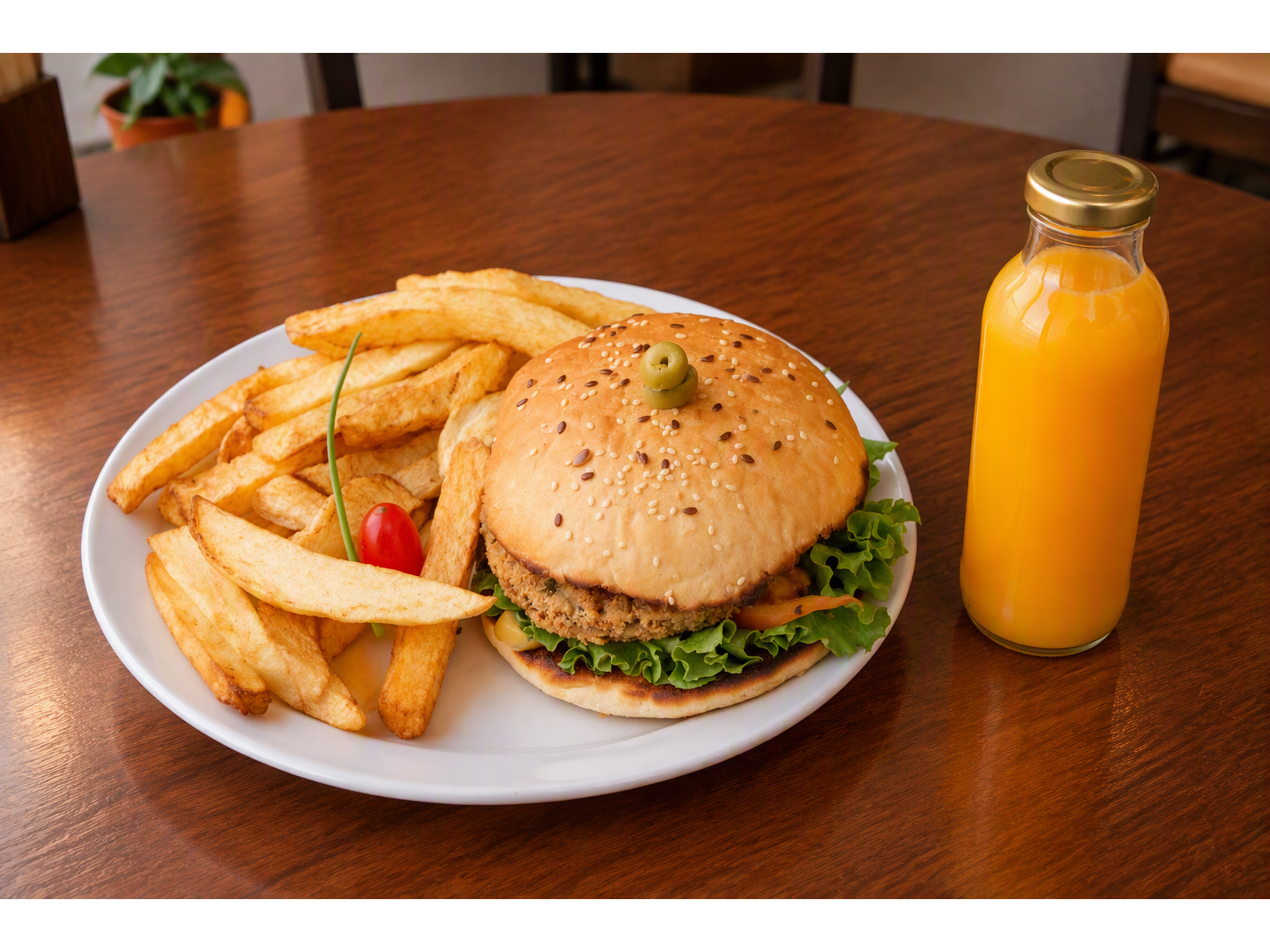 HAMBURGUESA, GUARNICION Y BEBIDA. LISTO PARA COMER