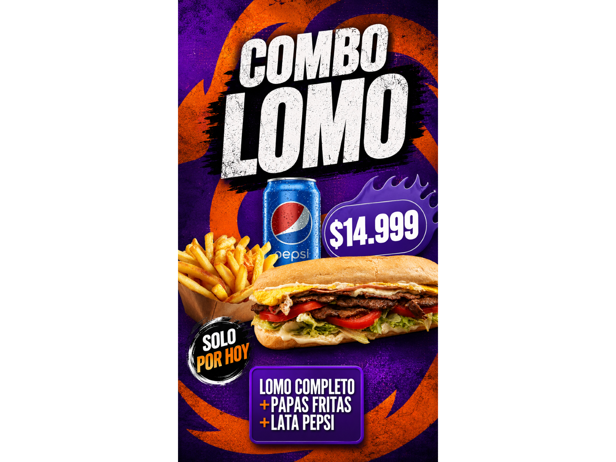 Lomo Completo + Papas + Lata Pepsi