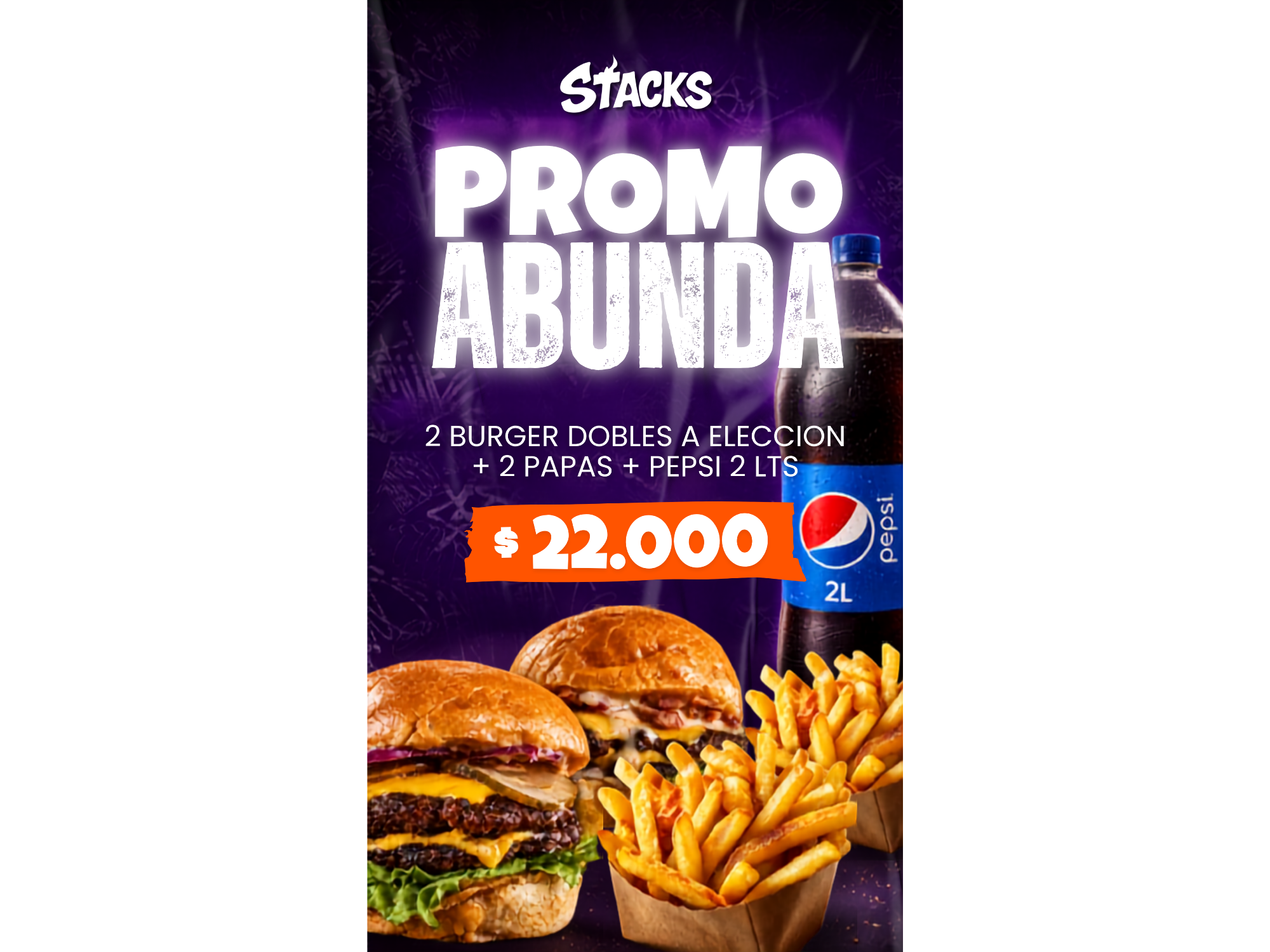 2 Burger Dobles + Papas + Pepsi 2 lts