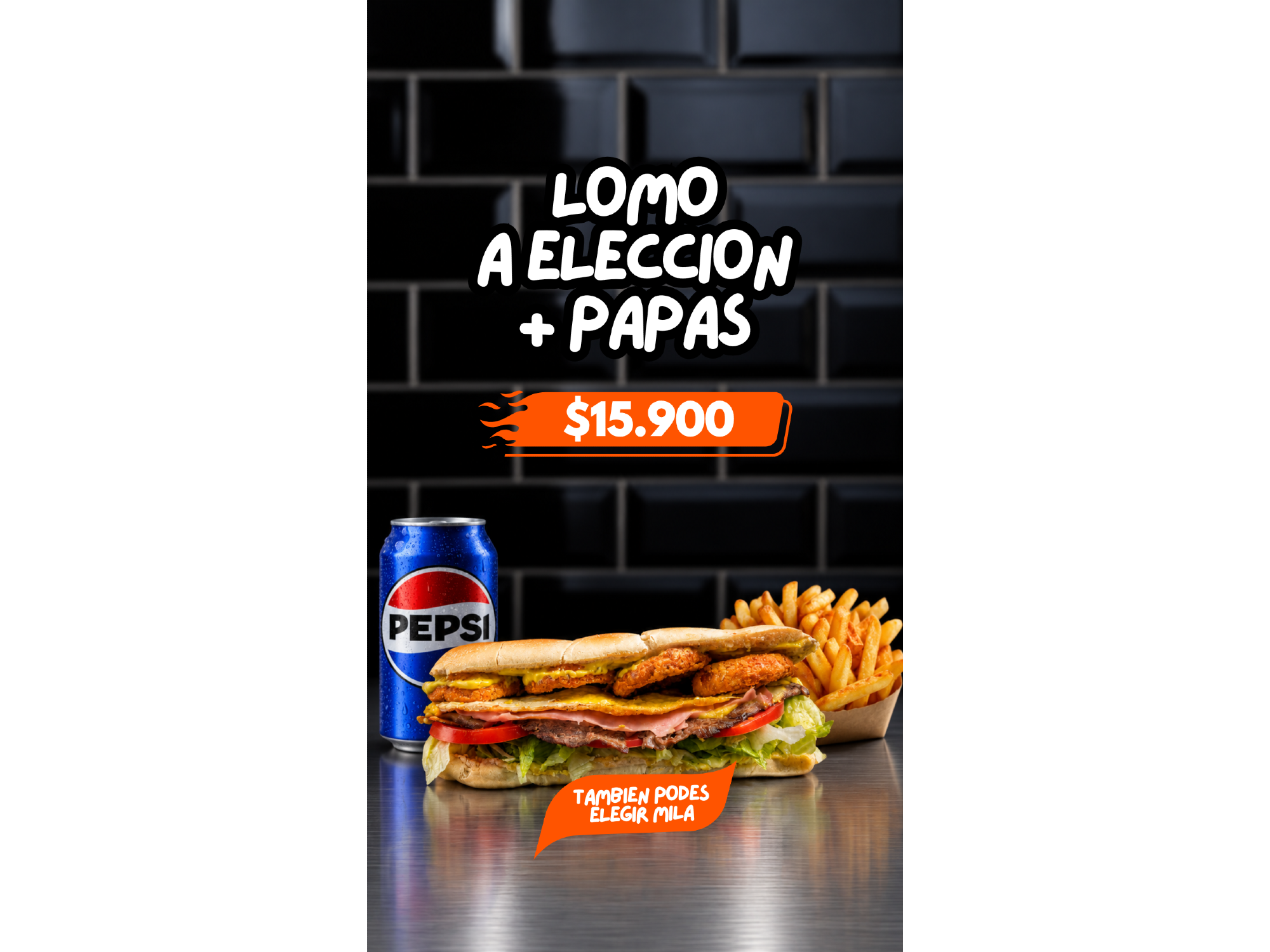 LOMO A ELECCION + PAPAS + LATA