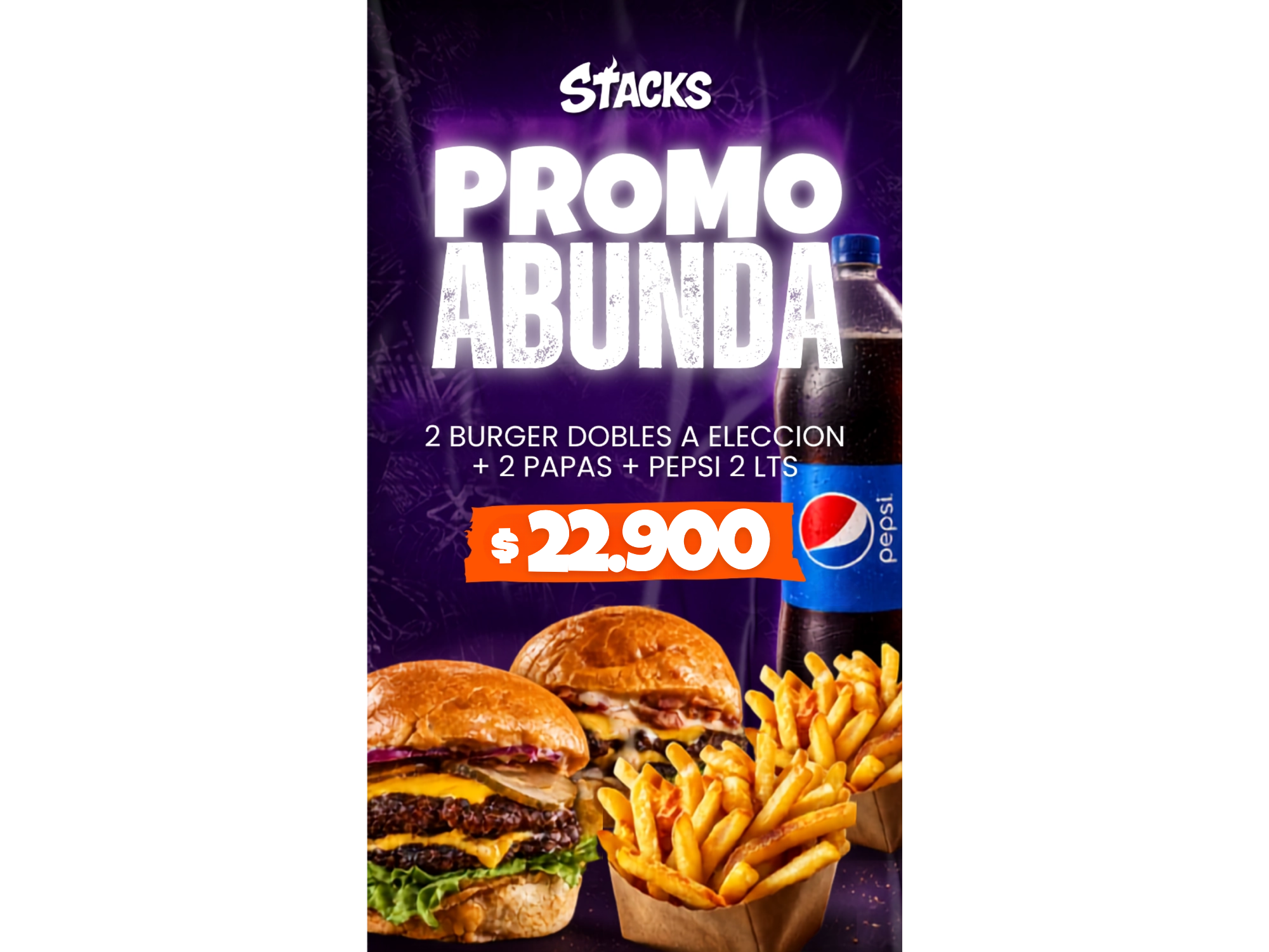 2 Burger Dobles + Papas + Pepsi 2 lts