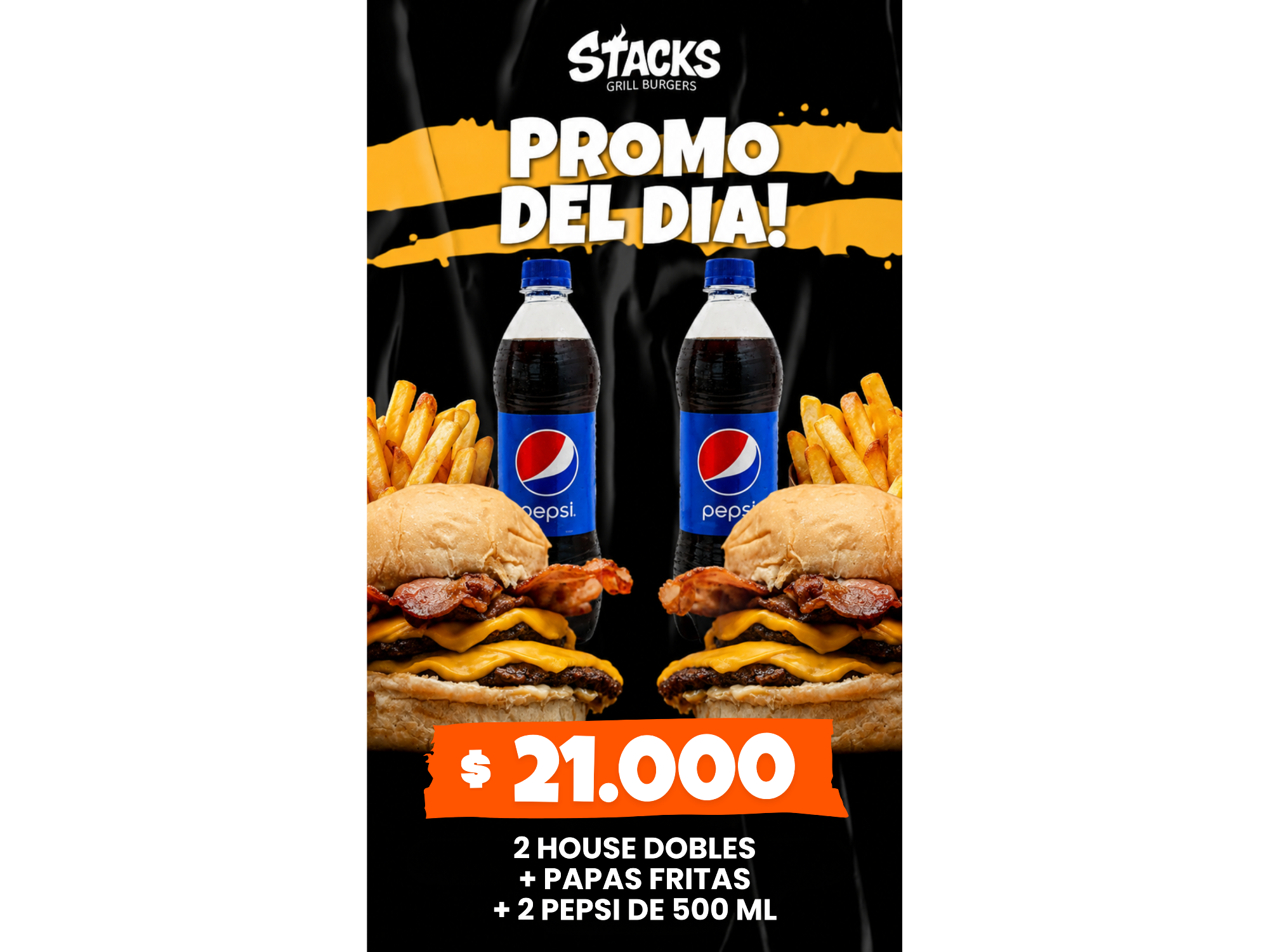 2 House Dobles + Papas + 2 Pepsi 500 ml