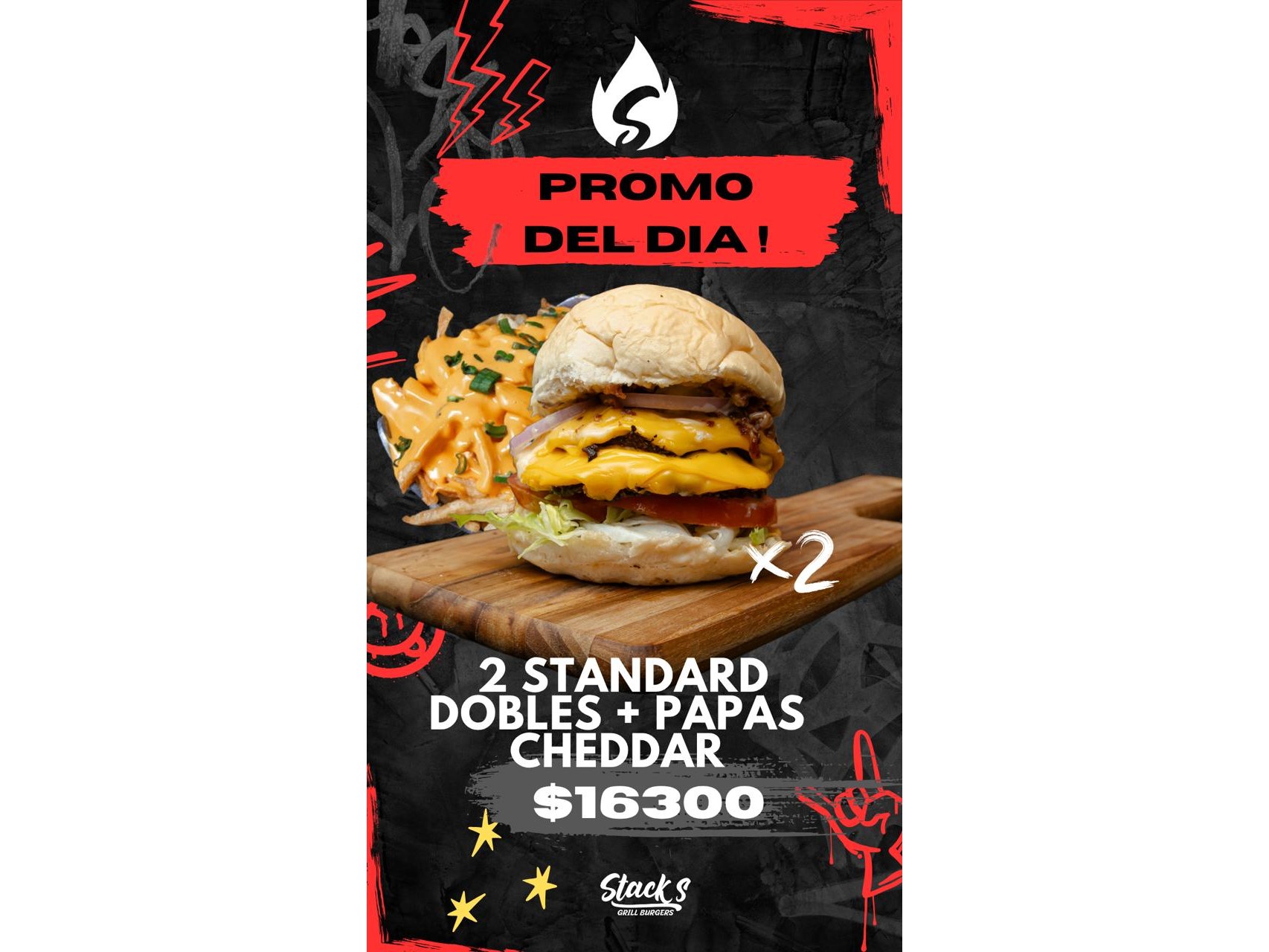 2 standard/dobles + papas cheddar