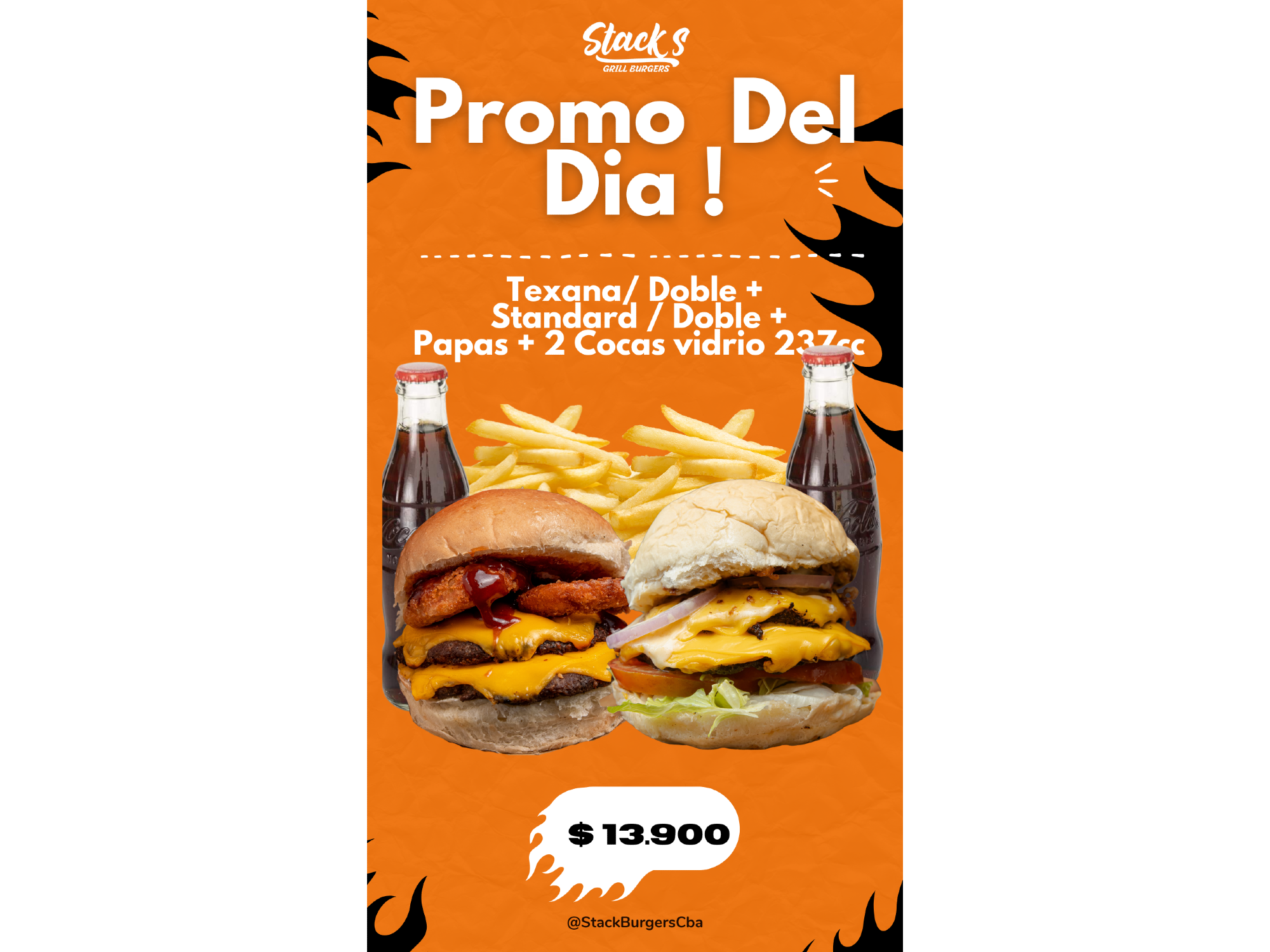 -Texana/Doble + Standard/Doble + 2 Cocas vidrio 237cc + Papas