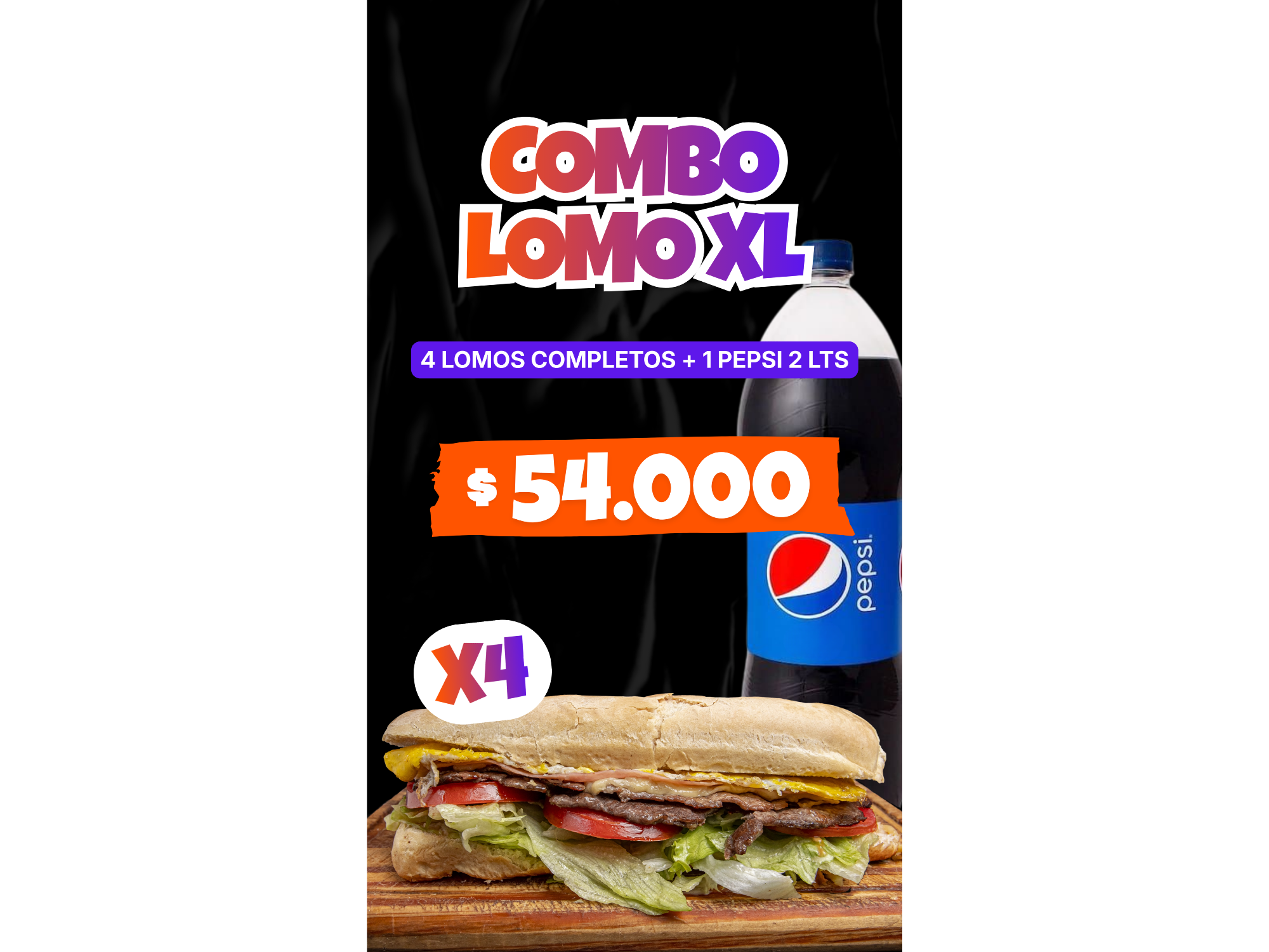 4 Lomos Completos + Papas + Pepsi 2 lts