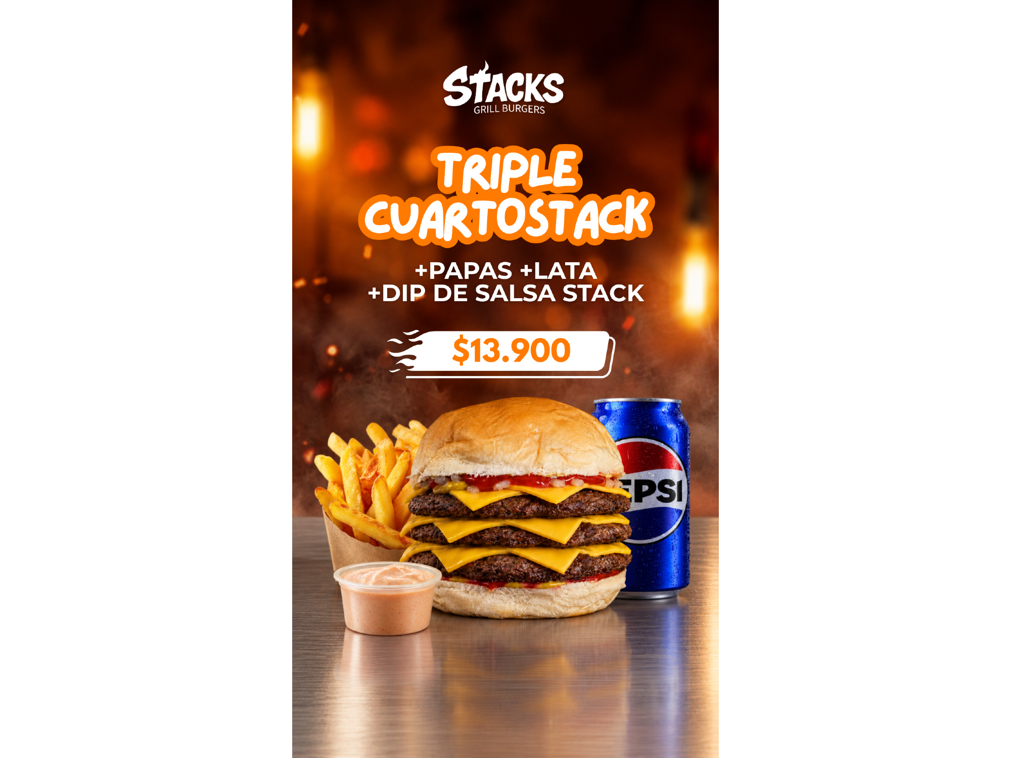 Triple Cuarto Stack + Papas + Lata + Dip