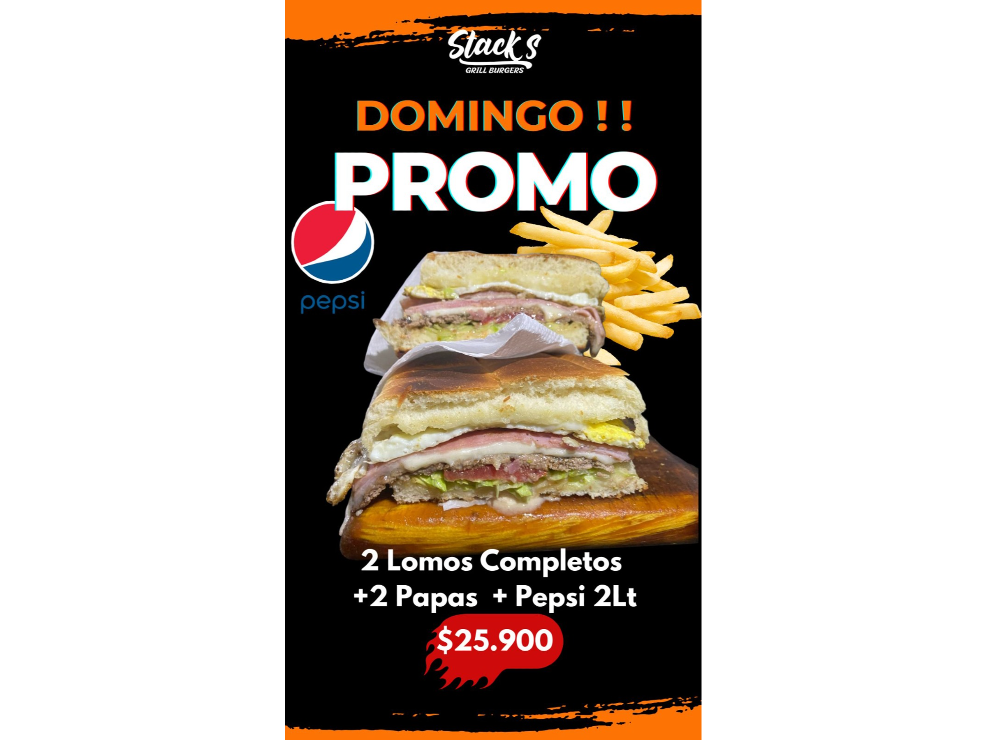 2 LOMOS COMPLETOS + PAPAS + PEPSI 2L