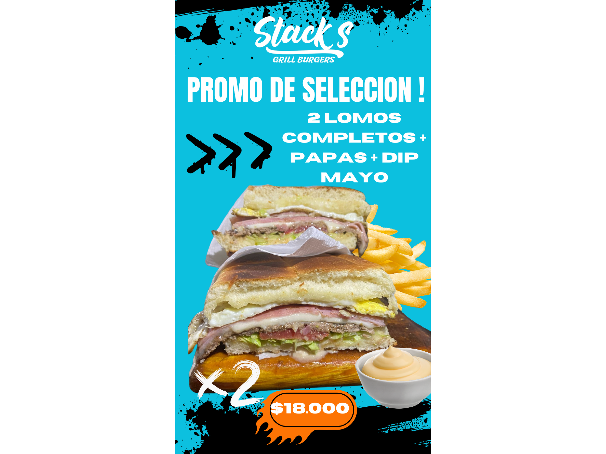 *DeSeleccion *  2 Lomos Completos + Papas + Dip Mayo