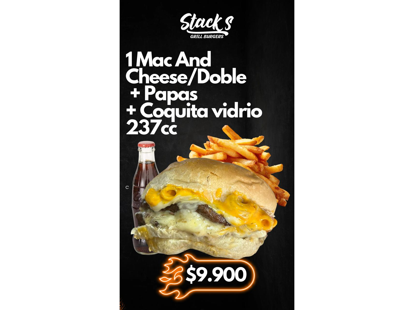 1 Mac And Cheese/Doble + Papas + Coquita vidrio 237cc