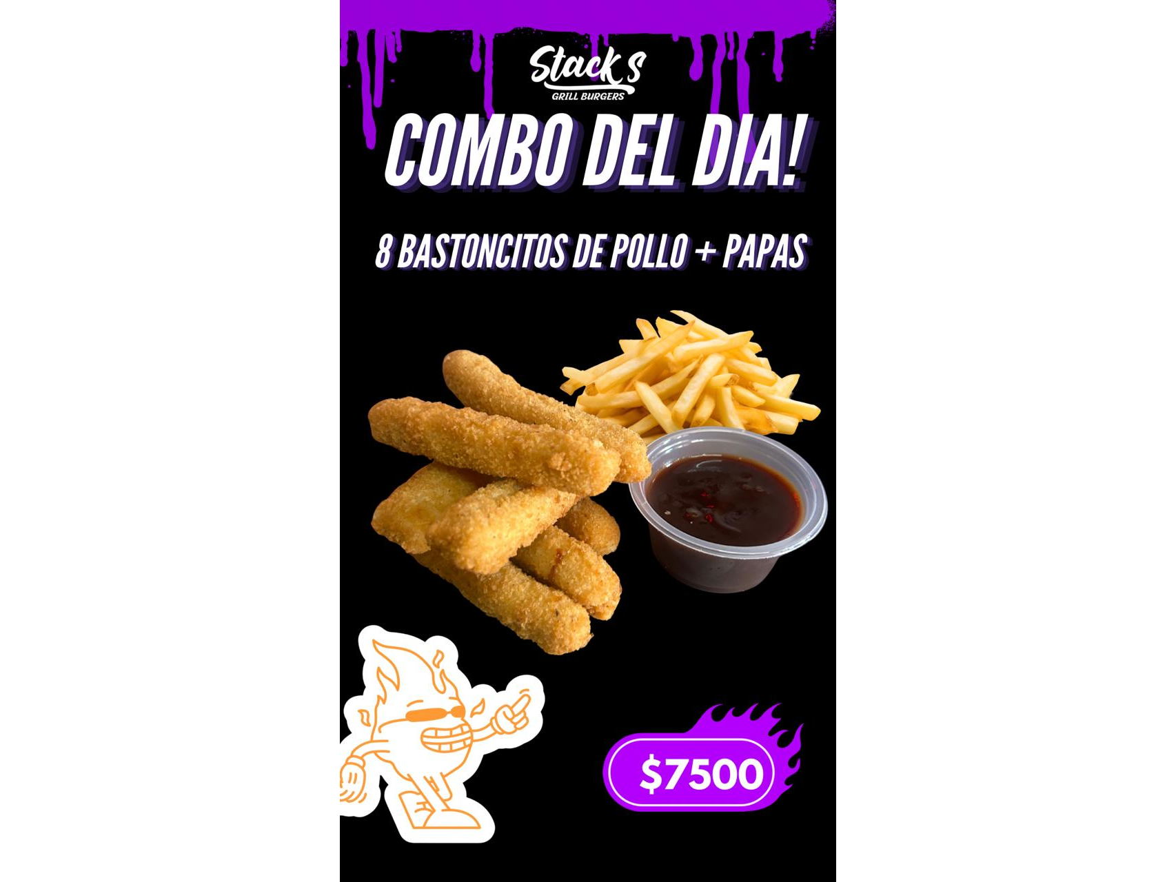 Bastoncitos de Pollo x8u + Papas + 1 Dip de Salsa