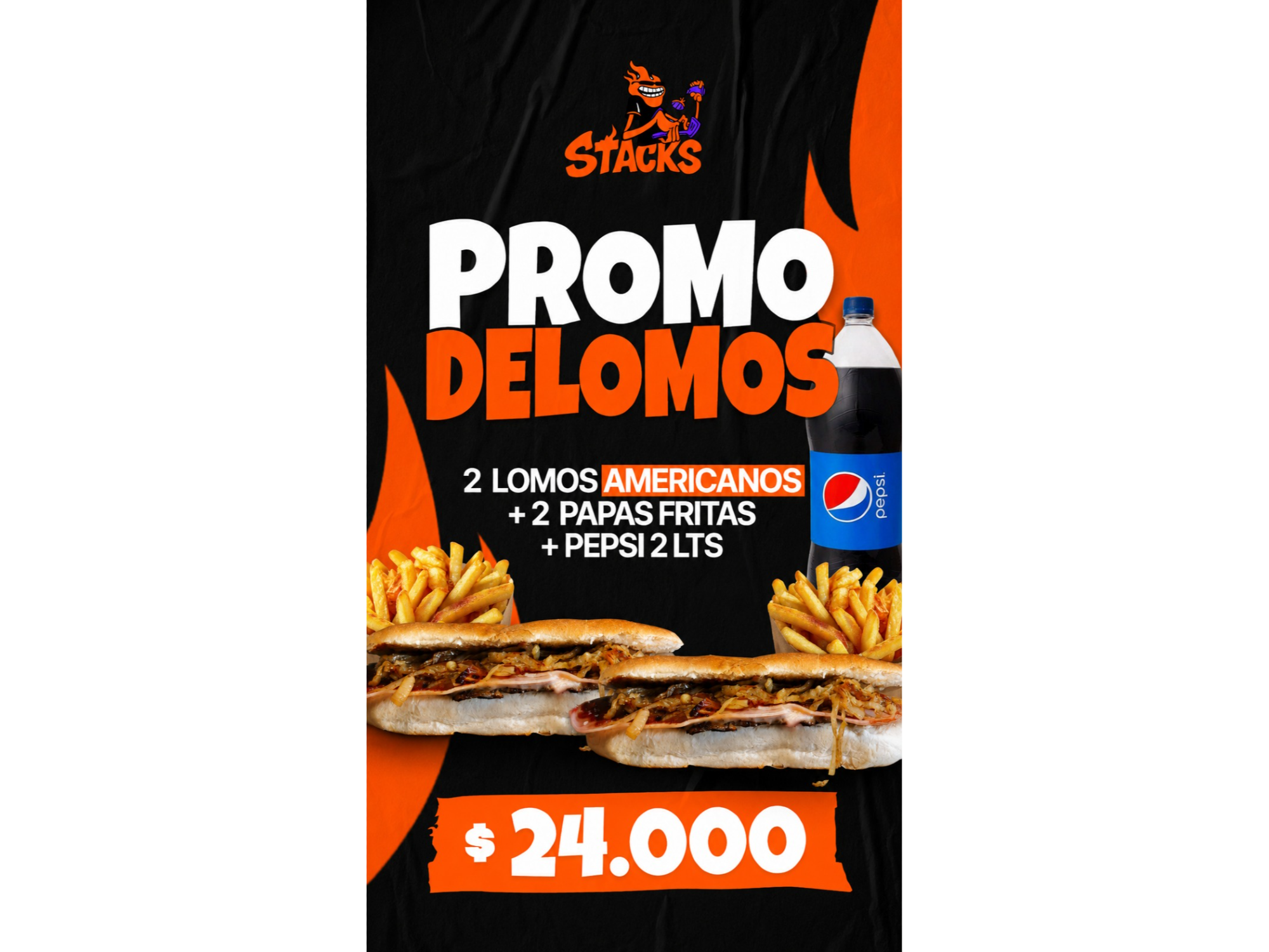 2 Lomos Americanos + Papas + Pepsi 2 lts
