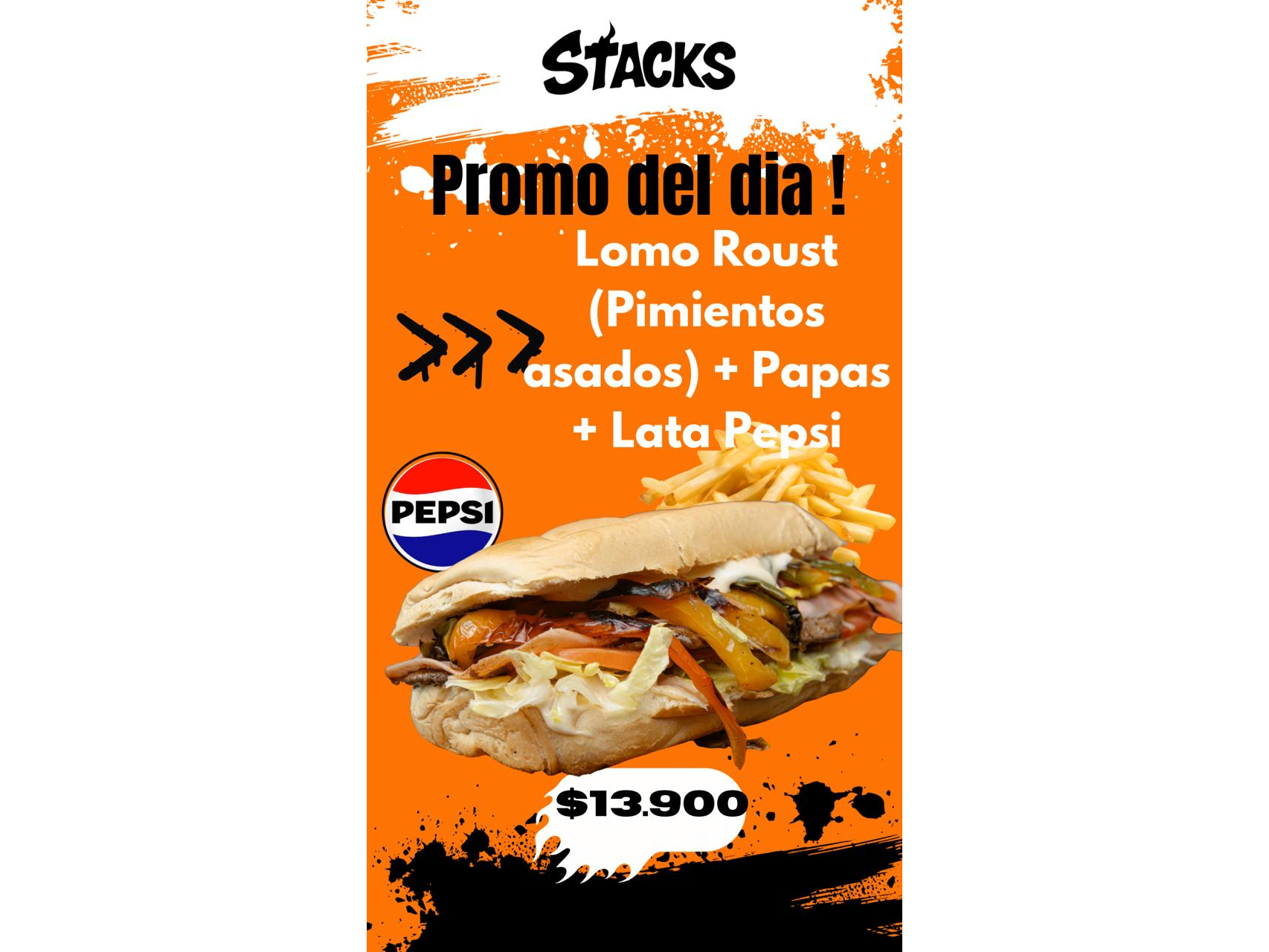 1 Lomo Roust c/ papas +  Lata Pepsi