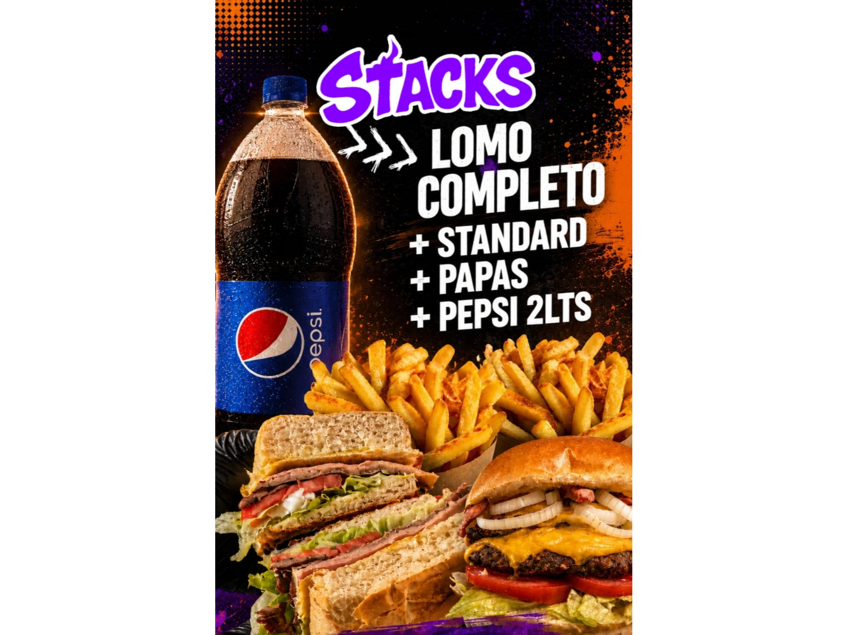Lomo Completo + Standard Doble + Papas + Pepsi 2 lts